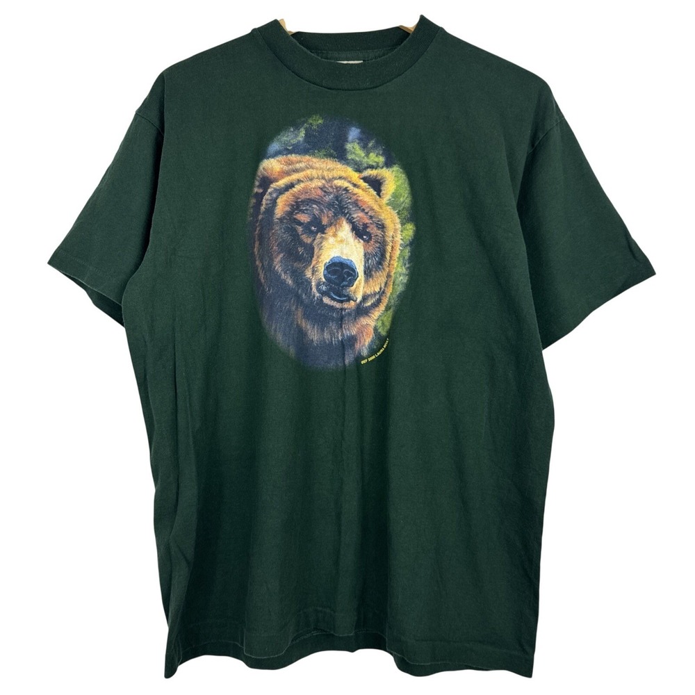 Vintage T-Shirt Size Large Green Single Stitch Nature Bear Made‎ USA 100% Cotton